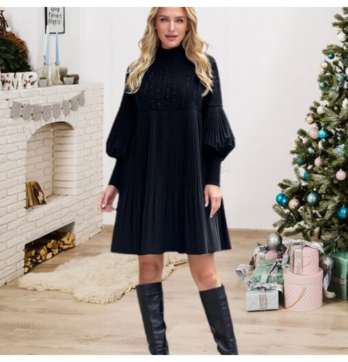 Weihnachts-SonderangeboteElegantes Schwarzes Plisseekleid für Damen mit Laternenrmeln Weihnachts-SonderangeboteElegantes Schwarzes Plisseekleid für Damen mit Laternenrmeln