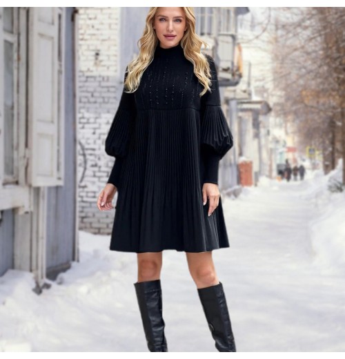 Weihnachts-SonderangeboteElegantes Schwarzes Plisseekleid für Damen mit Laternenrmeln Weihnachts-SonderangeboteElegantes Schwarzes Plisseekleid für Damen mit Laternenrmeln