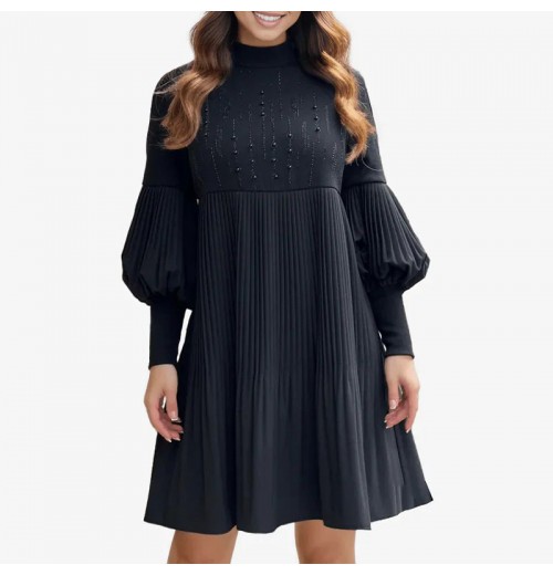 Weihnachts-SonderangeboteElegantes Schwarzes Plisseekleid für Damen mit Laternenrmeln Weihnachts-SonderangeboteElegantes Schwarzes Plisseekleid für Damen mit Laternenrmeln