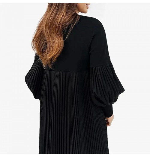 Weihnachts-SonderangeboteElegantes Schwarzes Plisseekleid für Damen mit Laternenrmeln Weihnachts-SonderangeboteElegantes Schwarzes Plisseekleid für Damen mit Laternenrmeln