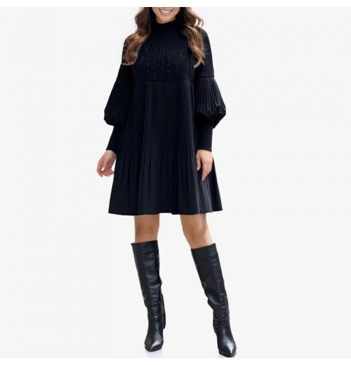 Weihnachts-SonderangeboteElegantes Schwarzes Plisseekleid für Damen mit Laternenrmeln Weihnachts-SonderangeboteElegantes Schwarzes Plisseekleid für Damen mit Laternenrmeln