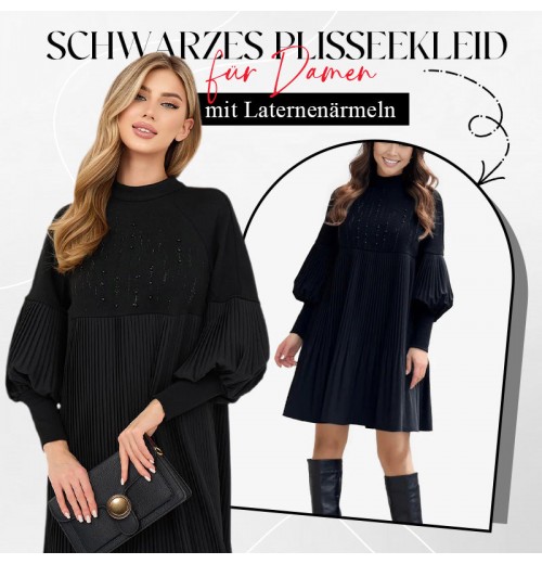 Weihnachts-SonderangeboteElegantes Schwarzes Plisseekleid für Damen mit Laternenrmeln Weihnachts-SonderangeboteElegantes Schwarzes Plisseekleid für Damen mit Laternenrmeln