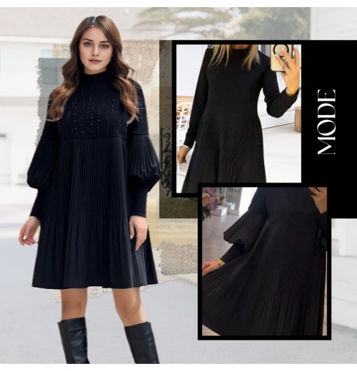 Weihnachts-SonderangeboteElegantes Schwarzes Plisseekleid für Damen mit Laternenrmeln Weihnachts-SonderangeboteElegantes Schwarzes Plisseekleid für Damen mit Laternenrmeln