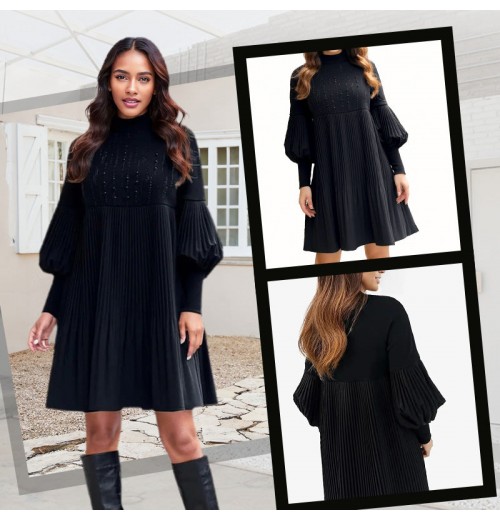 Weihnachts-SonderangeboteElegantes Schwarzes Plisseekleid für Damen mit Laternenrmeln Weihnachts-SonderangeboteElegantes Schwarzes Plisseekleid für Damen mit Laternenrmeln