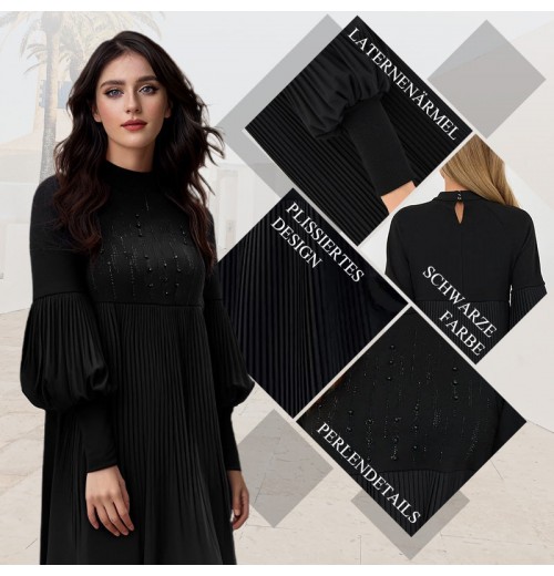 Weihnachts-SonderangeboteElegantes Schwarzes Plisseekleid für Damen mit Laternenrmeln Weihnachts-SonderangeboteElegantes Schwarzes Plisseekleid für Damen mit Laternenrmeln