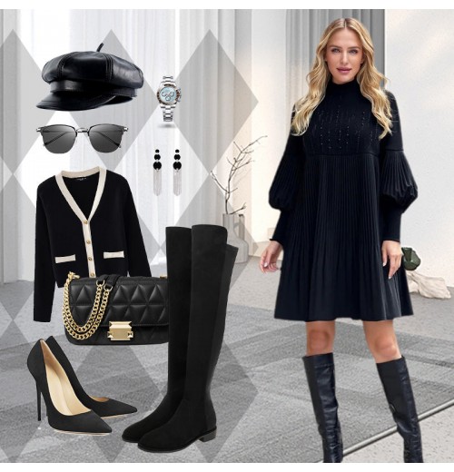 Weihnachts-SonderangeboteElegantes Schwarzes Plisseekleid für Damen mit Laternenrmeln Weihnachts-SonderangeboteElegantes Schwarzes Plisseekleid für Damen mit Laternenrmeln