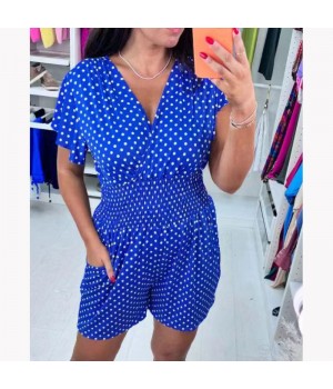 Einteiliger kurzer Jumpsuit mit V-Ausschnitt und Tupfen
