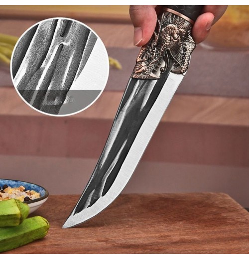 Knochenschneidemesser mit Drachenverzierung und Scheide. Knochenschneidemesser mit Drachenverzierung und Scheide.