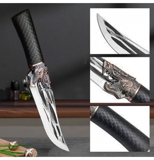 Knochenschneidemesser mit Drachenverzierung und Scheide. Knochenschneidemesser mit Drachenverzierung und Scheide.