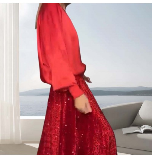Zweiteiliges Set aus langrmeligem Top und Pailletten-Maxirock für Damen Zweiteiliges Set aus langrmeligem Top und Pailletten-Maxirock für Damen