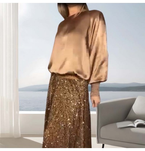 Zweiteiliges Set aus langrmeligem Top und Pailletten-Maxirock für Damen Zweiteiliges Set aus langrmeligem Top und Pailletten-Maxirock für Damen