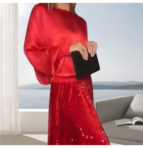 Zweiteiliges Set aus langrmeligem Top und Pailletten-Maxirock für Damen Zweiteiliges Set aus langrmeligem Top und Pailletten-Maxirock für Damen