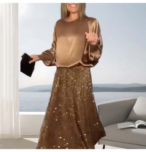 Zweiteiliges Set aus langrmeligem Top und Pailletten-Maxirock für Damen Zweiteiliges Set aus langrmeligem Top und Pailletten-Maxirock für Damen