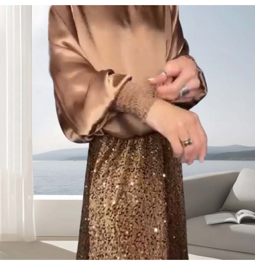 Zweiteiliges Set aus langrmeligem Top und Pailletten-Maxirock für Damen Zweiteiliges Set aus langrmeligem Top und Pailletten-Maxirock für Damen