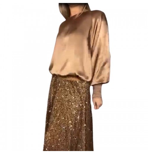 Zweiteiliges Set aus langrmeligem Top und Pailletten-Maxirock für Damen Zweiteiliges Set aus langrmeligem Top und Pailletten-Maxirock für Damen